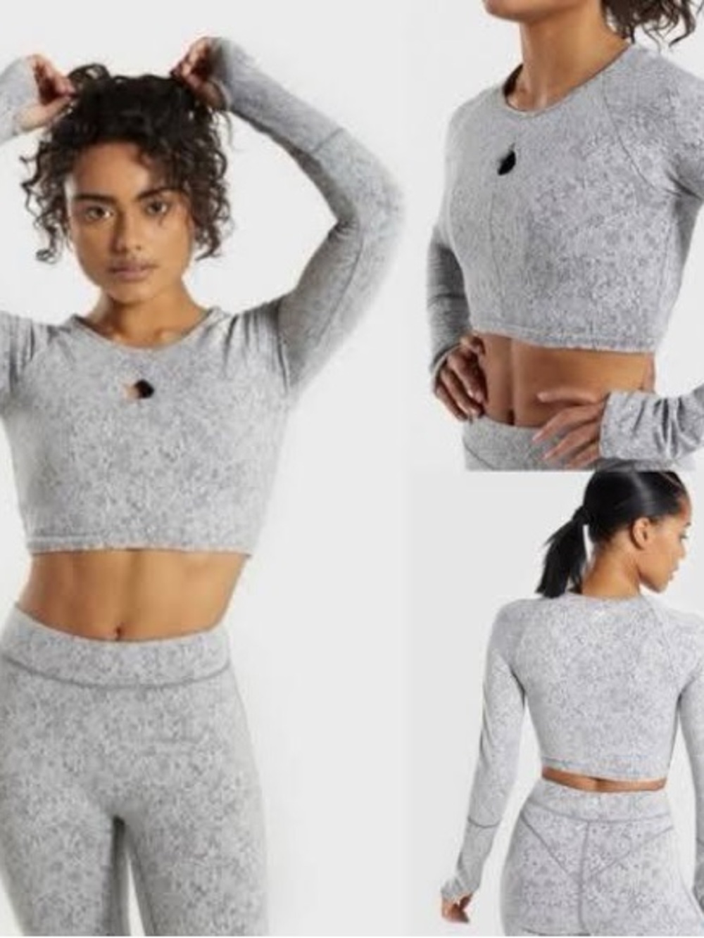 Gymshark Fleur Texture Long Sleeve Crop, Sports Bra, Leggings, 3-Piece